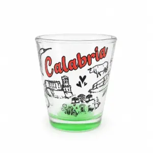 Bicchierino vetro trasparente base verde decorazione Calabria peperoncino paesaggi