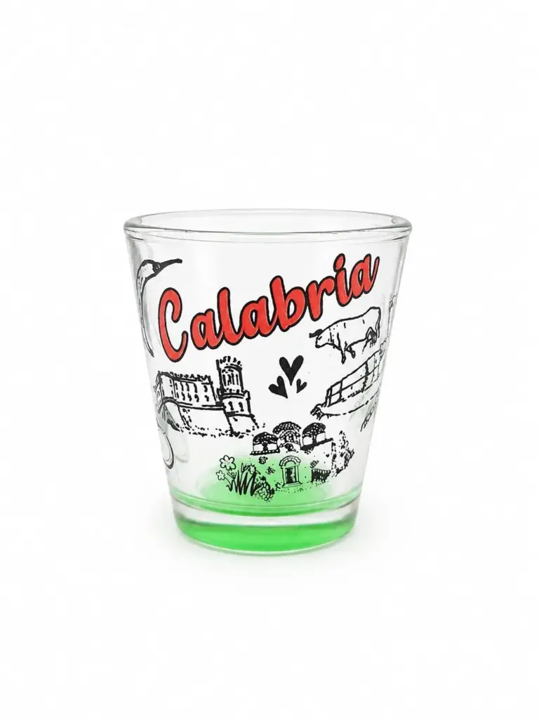 Bicchierino vetro trasparente base verde decorazione Calabria peperoncino paesaggi