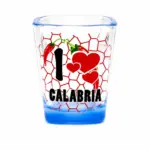 Bicchierino liquore vetro blu con scritta I love Calabria e peperoncini rossi decorativi