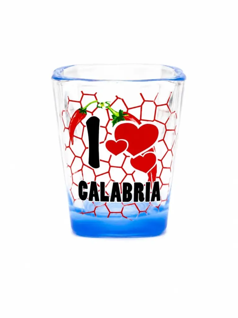 Bicchierino liquore vetro blu con scritta I love Calabria e peperoncini rossi decorativi