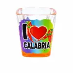 Bicchierino liquore vetro trasparente con scritta I love Calabria e peperoncini rossi decorativi