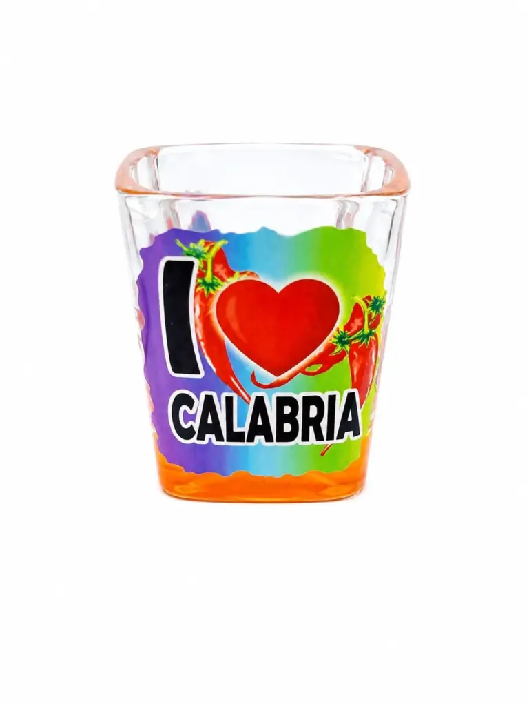 Bicchierino liquore vetro trasparente con scritta I love Calabria e peperoncini rossi decorativi