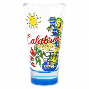 Bicchiere vetro trasparente con mappa Calabria, base blu, peperoncini rossi e scritta rossa Calabria
