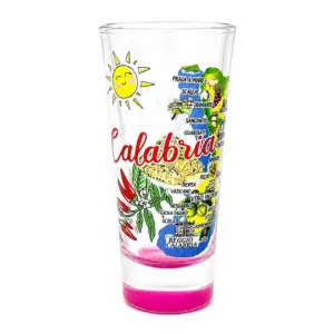 Bicchierino lungo vetro fucsia con mappa Calabria decorata peperoncini limoni località costiere