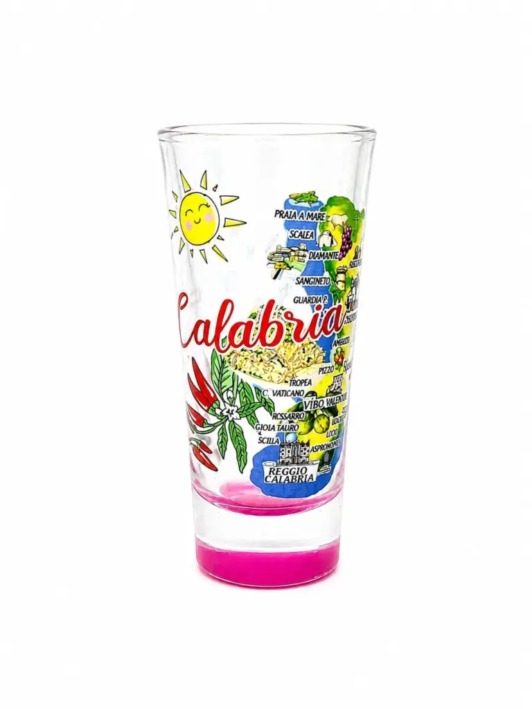 Bicchierino lungo vetro fucsia con mappa Calabria decorata peperoncini limoni località costiere
