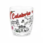 Bicchierino vetro trasparente con scritta Calabria rossa, peperoncino e architetture tipiche