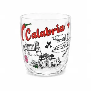 Bicchierino vetro trasparente con scritta Calabria rossa, peperoncino e architetture tipiche