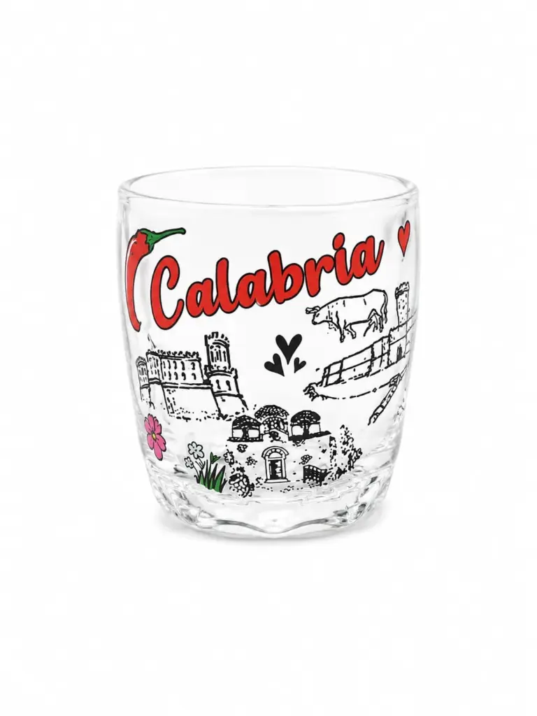 Bicchierino vetro trasparente con scritta Calabria rossa, peperoncino e architetture tipiche