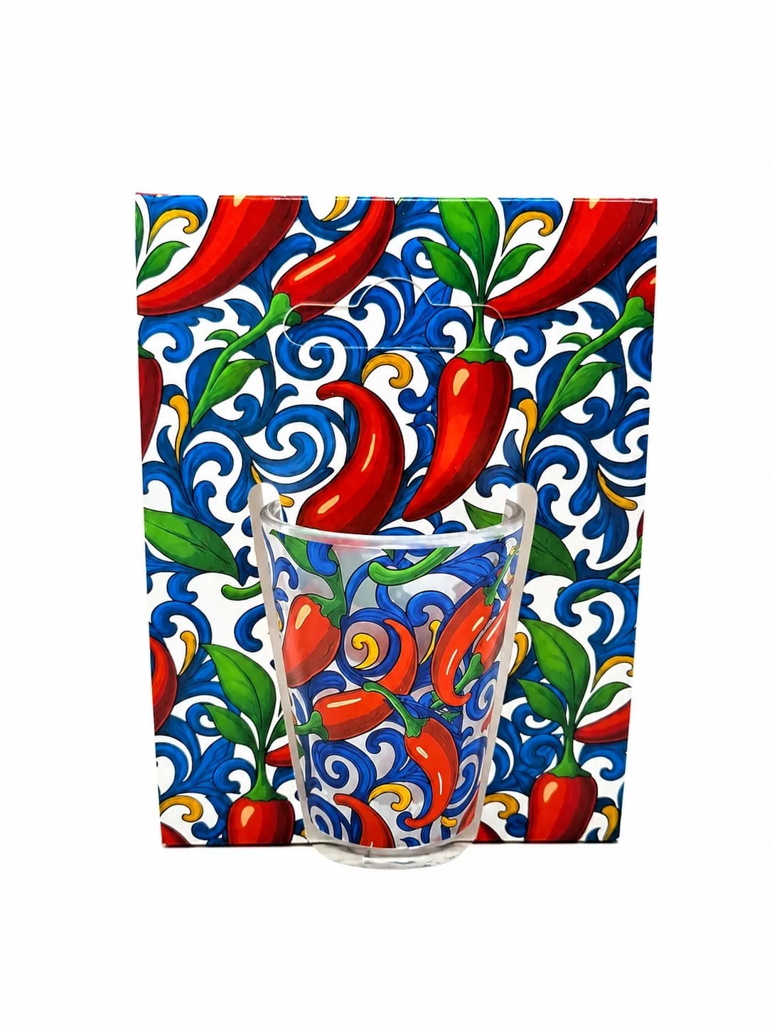Bicchierino vetro satinato con peperoncini rossi e decorazione blu gialla stile maiolica Calabria