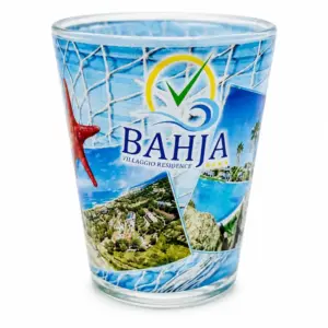 Bicchierino vetro trasparente decorato logo Villaggio Bahja mare palme stella marina