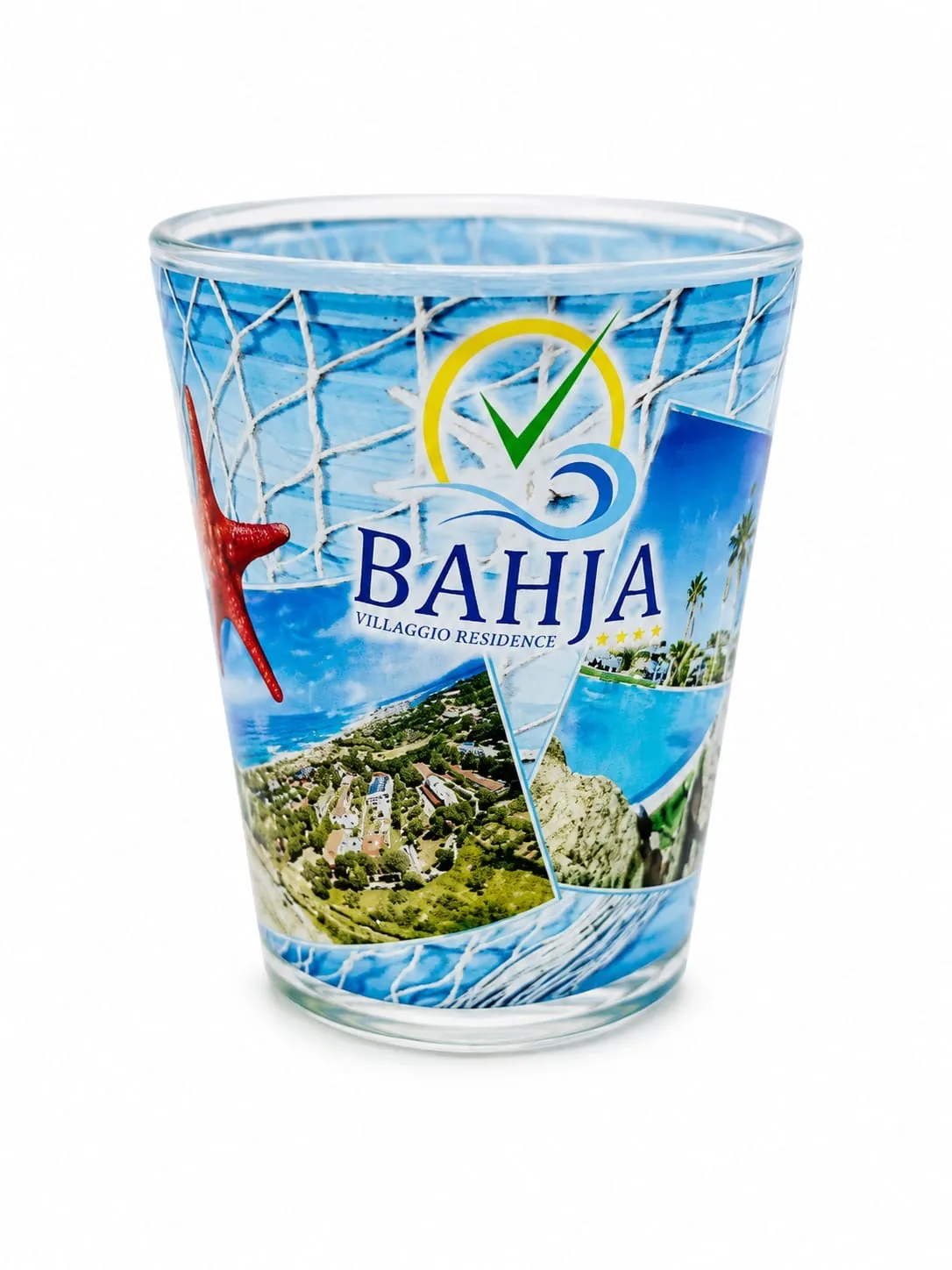 Bicchierino vetro trasparente decorato logo Villaggio Bahja mare palme stella marina