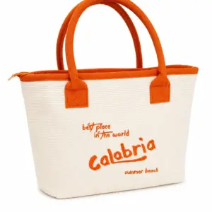 Borsa mare calabria tessuto crema manici arancioni imbottiti scritta best place in the world
