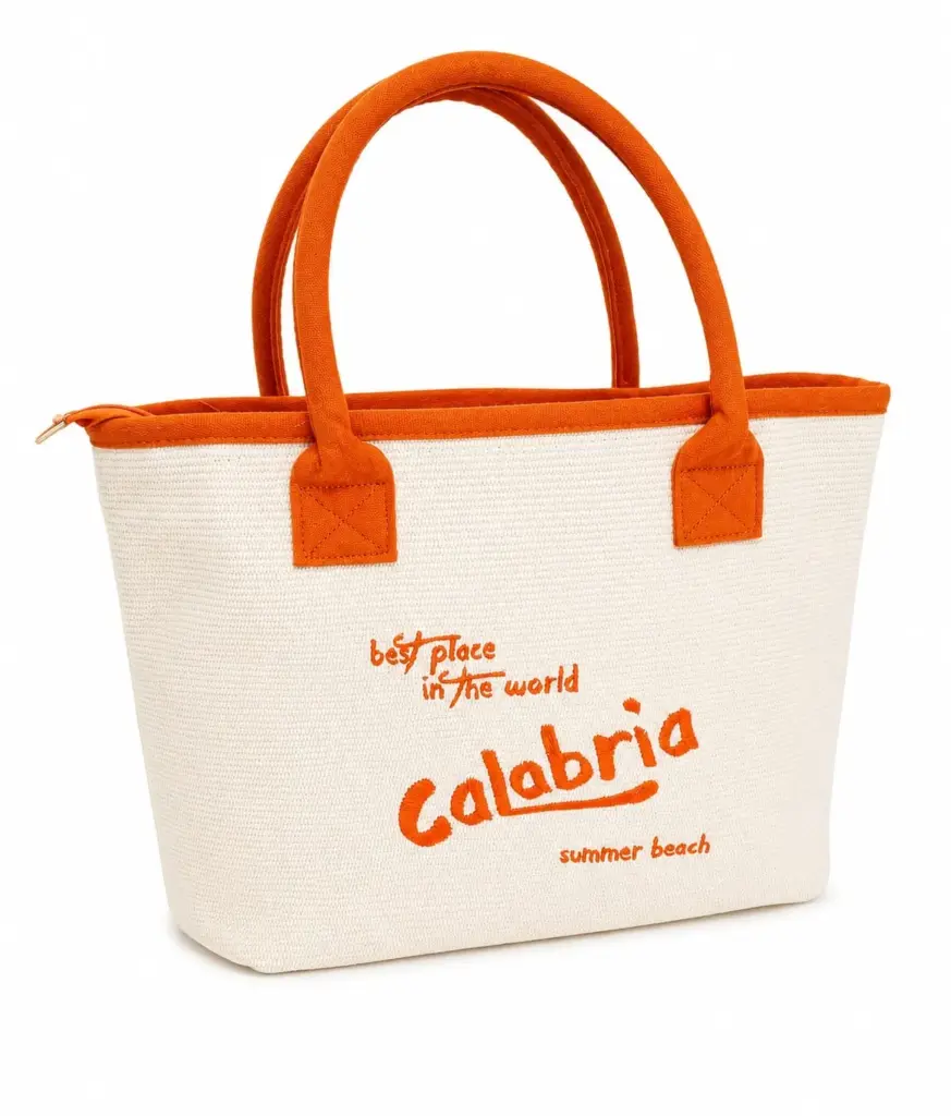 Borsa mare calabria tessuto crema manici arancioni imbottiti scritta best place in the world