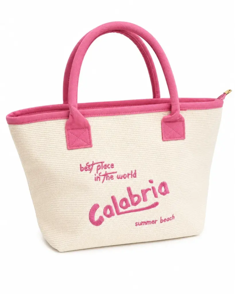 Borsa mare tessuto beige intrecciato con scritta Calabria e dettagli rosa fucsia