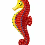 Statuetta ceramica cavalluccio marino rosso giallo con decorazioni blu verdi in rilievo