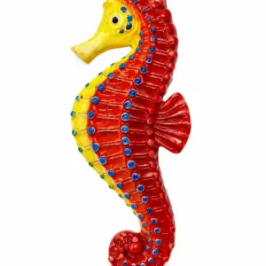 Statuetta ceramica cavalluccio marino rosso giallo con decorazioni blu verdi in rilievo