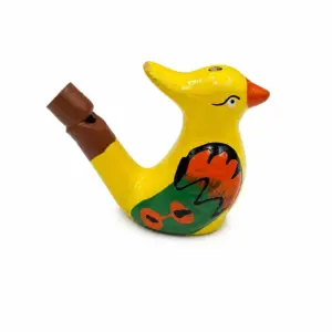 Ocarina ceramica gialla forma uccello con motivi floreali arancioni e verdi
