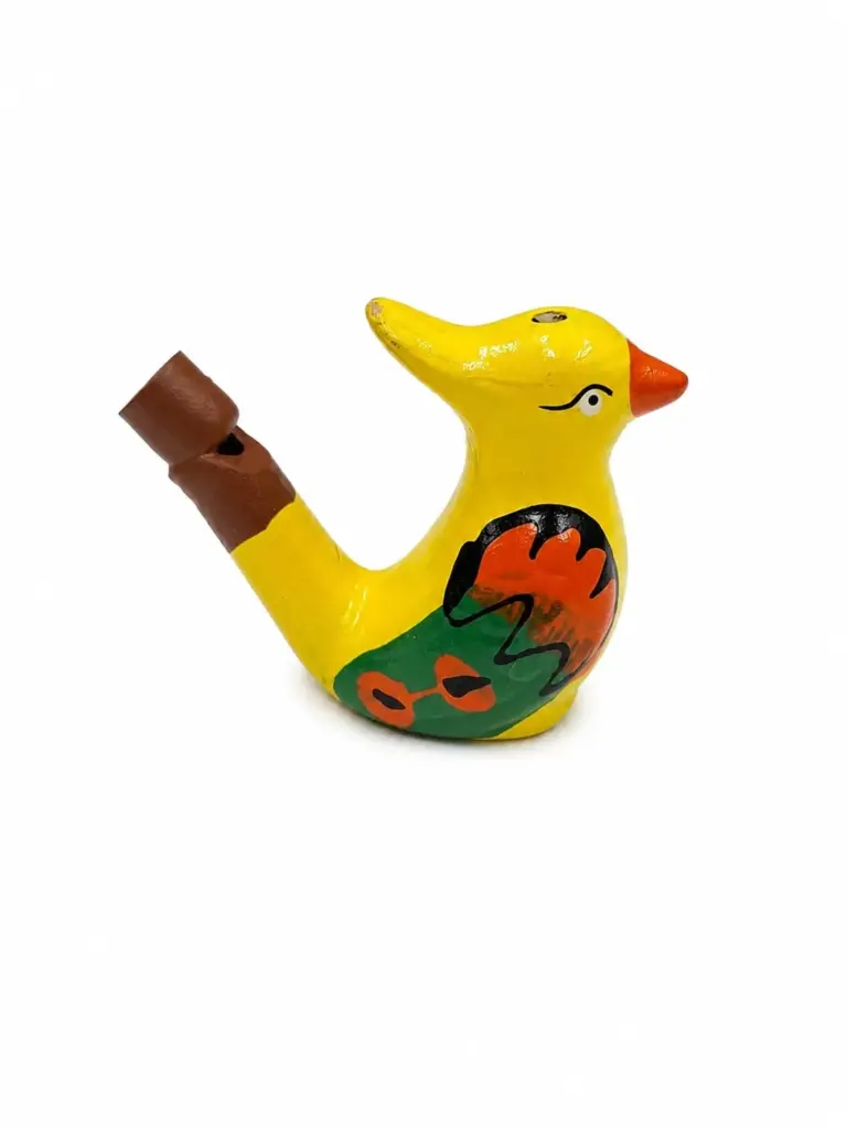 Ocarina ceramica gialla forma uccello con motivi floreali arancioni e verdi