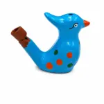 Ocarina ceramica azzurra a forma di uccello con pois arancioni e verdi, strumento musicale decorativo