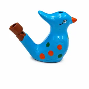 Ocarina ceramica azzurra a forma di uccello con pois arancioni e verdi, strumento musicale decorativo