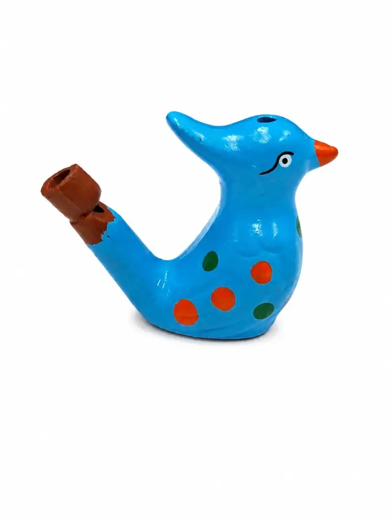 Ocarina ceramica azzurra a forma di uccello con pois arancioni e verdi, strumento musicale decorativo