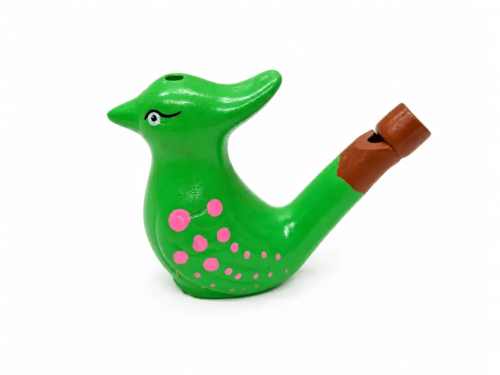 Ocarina terracotta verde brillante a forma di uccello con puntini rosa decorativi