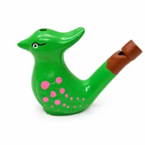 Ocarina terracotta verde brillante a forma di uccello con puntini rosa decorativi