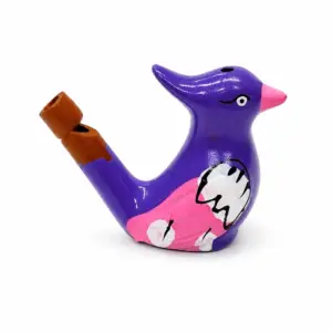 Ocarina ceramica viola lucido forma uccello con dettagli rosa e decorazione bianca dipinta a mano