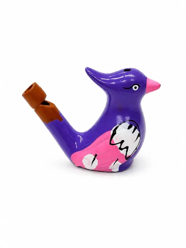Ocarina ceramica viola lucido forma uccello con dettagli rosa e decorazione bianca dipinta a mano