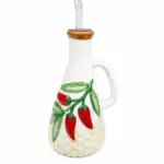 Oliera ceramica bianca decorata peperoncini rossi foglie verdi base giallo ocra tappo sughero