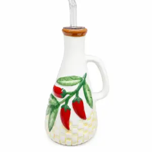 Oliera ceramica bianca decorata peperoncini rossi foglie verdi base giallo ocra tappo sughero