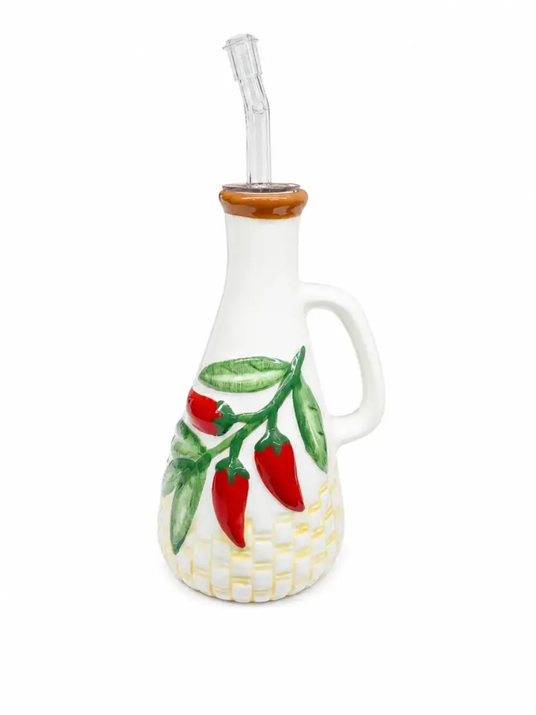 Oliera ceramica bianca decorata peperoncini rossi foglie verdi base giallo ocra tappo sughero