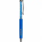 Penna a sfera blu metallizzato con cristalli azzurri nel fusto trasparente e finiture cromate