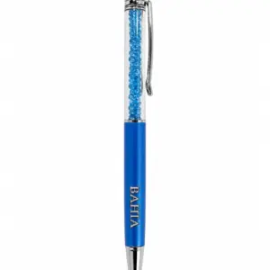 Penna a sfera blu metallizzato con cristalli azzurri nel fusto trasparente e finiture cromate