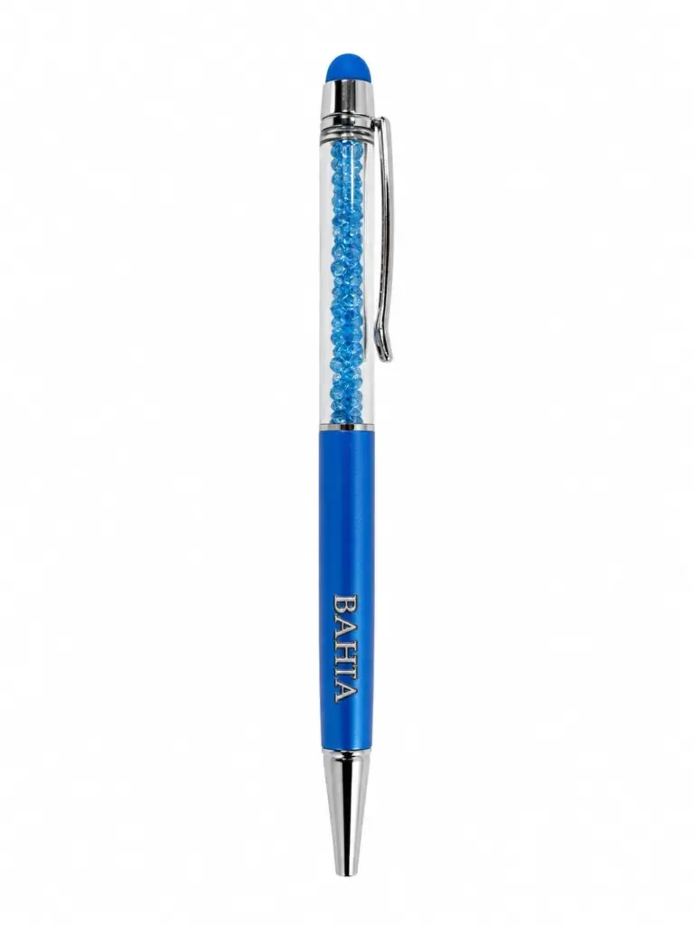 Penna a sfera blu metallizzato con cristalli azzurri nel fusto trasparente e finiture cromate