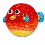 Statuetta pesce palla ceramica rosso giallo pinne azzurre bollicine rilievo