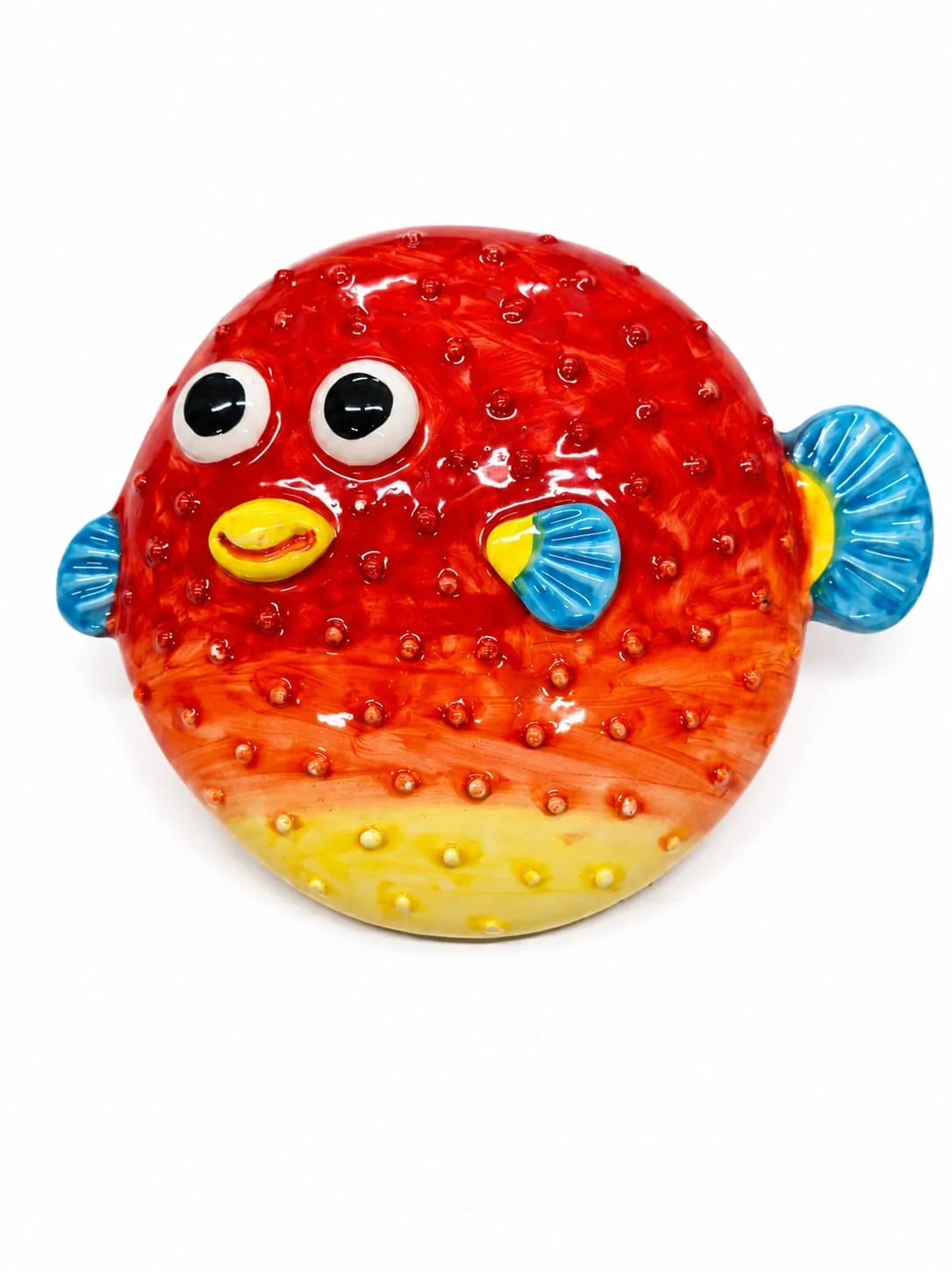Statuetta pesce palla ceramica rosso giallo pinne azzurre bollicine rilievo