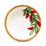 Piatto fondo ceramica bianca con peperoncini rossi rilievo e bordo oro, simbolo Calabria