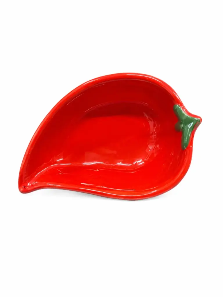 Piatto ceramica forma peperoncino rosso lucido con picciolo verde, simbolo Calabria