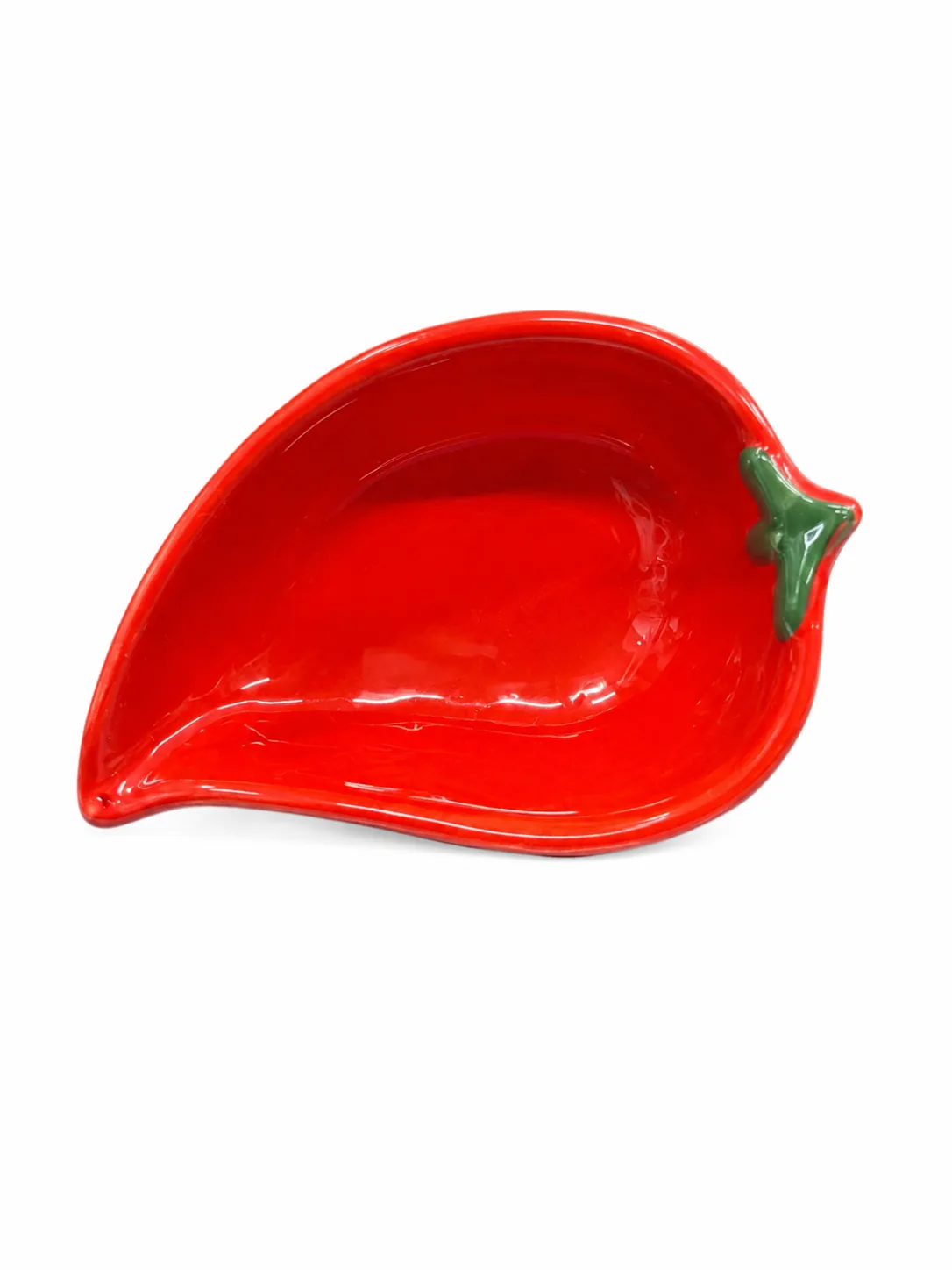 Piatto ceramica forma peperoncino rosso lucido con picciolo verde, simbolo Calabria