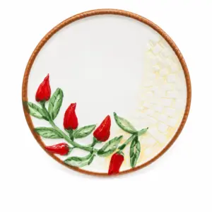 Piatto ceramica bianca decorato peperoncini rossi rilievo foglie verdi Calabria