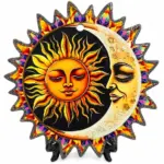 Piatto poggia pentole ceramica decorativo con sole dorato e luna crema, bordo multicolore a raggiera