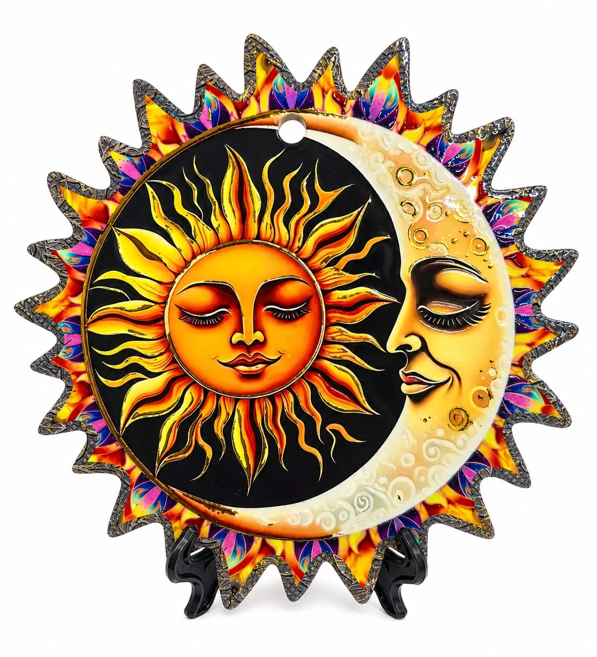 Piatto poggia pentole ceramica decorativo con sole dorato e luna crema, bordo multicolore a raggiera