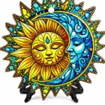 Piatto Poggia Pentole ceramica decorativo sole giallo luna blu raggi appuntiti mosaico nero oro supporto