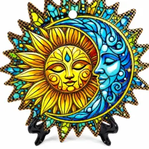 Piatto Poggia Pentole ceramica decorativo sole giallo luna blu raggi appuntiti mosaico nero oro supporto
