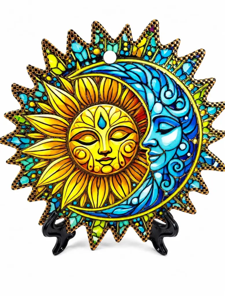 Piatto Poggia Pentole ceramica decorativo sole giallo luna blu raggi appuntiti mosaico nero oro supporto