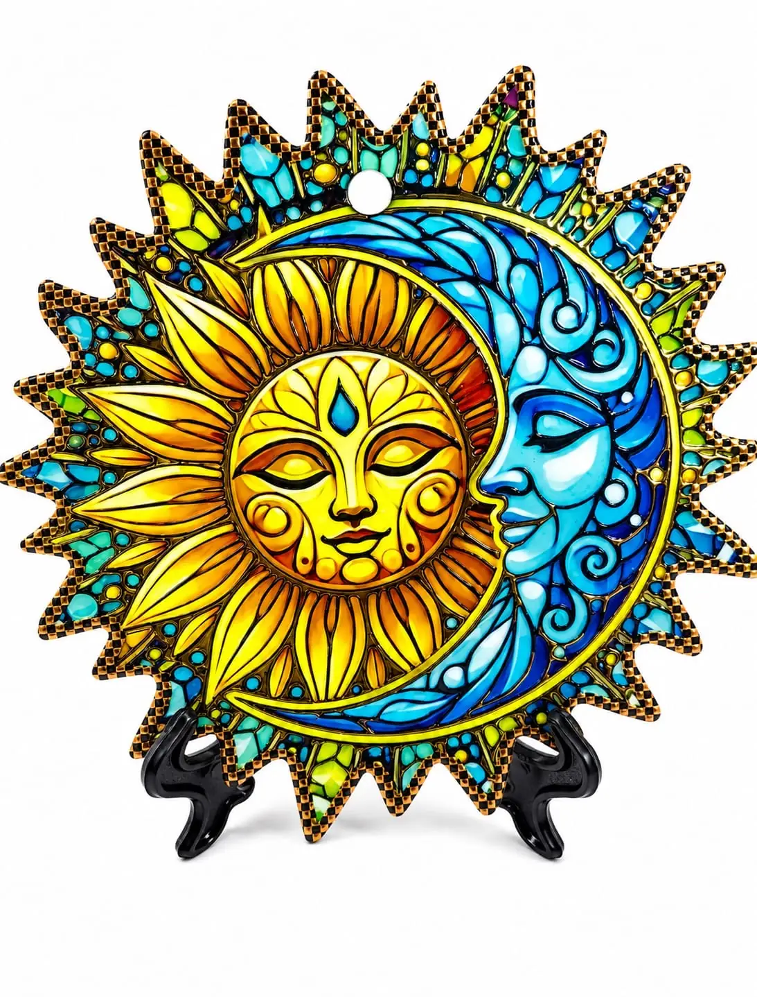 Piatto Poggia Pentole ceramica decorativo sole giallo luna blu raggi appuntiti mosaico nero oro supporto