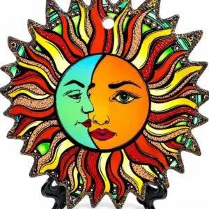 Poggia Pentole sole luna ceramica con volto diviso e raggi decorati con motivi rossi, gialli e verdi.