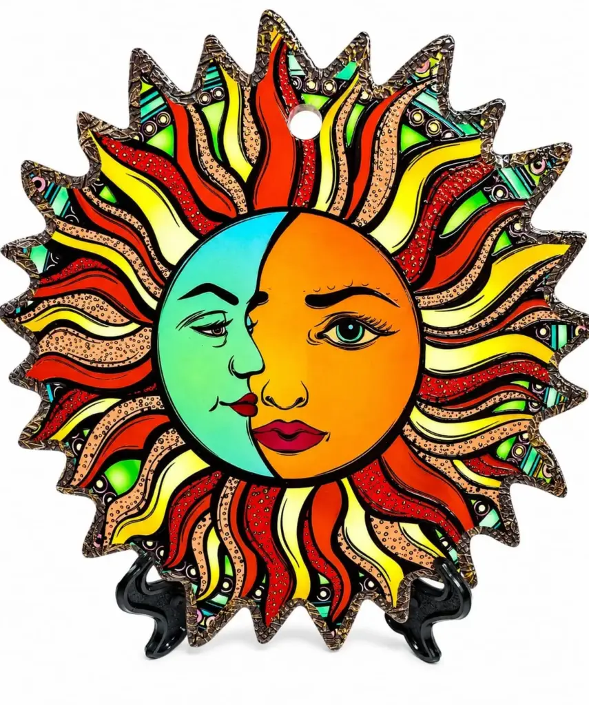 Poggia Pentole sole luna ceramica con volto diviso e raggi decorati con motivi rossi, gialli e verdi.