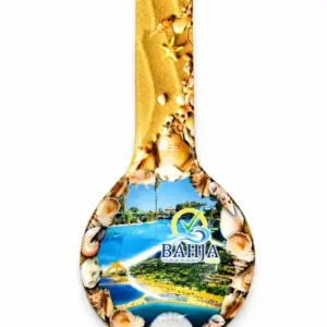 Poggiamestolo ceramica forma chitarra con foto Bahja Villaggio piscina e conchiglie marine applicate